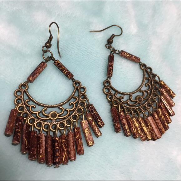 Brown & gold dangle bead earrings