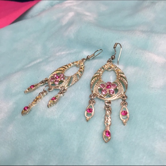 Silver & pink diamond dangle earrings