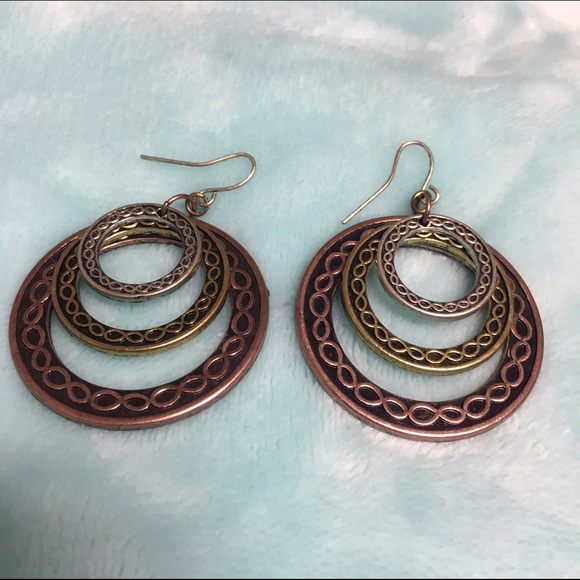 Silver, copper, & gold tribal circle hoop earrings