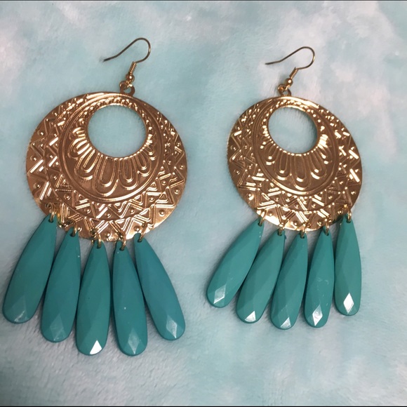 Gold & turquoise beaded dangly earrings