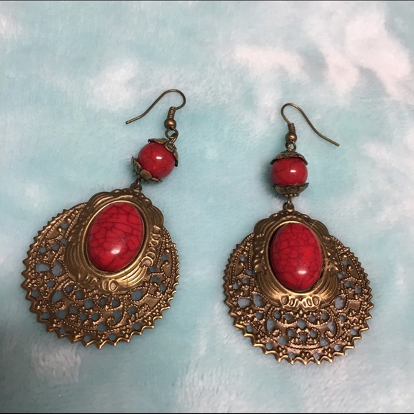 Red & gold teardrop earrings