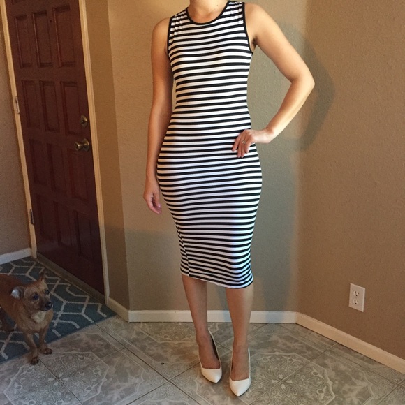 Dresses & Skirts - Black & White Striped High Neck Midi Dress LAST L