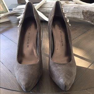 Marc Fisher grey suede studded heels.