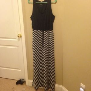 A blue and grey striped maxi dress
