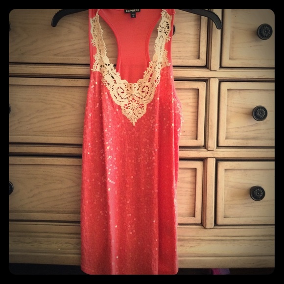 Express coral tank top with sequins / lace