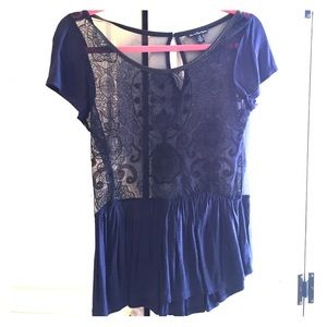 Lace and embroidered navy top