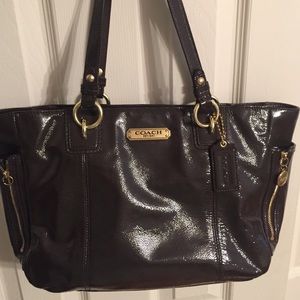 Coach Gallery Patent Leather Zipper Brown Tote Bag