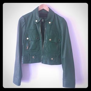 BCBG MaxAzria green leather jacket, gold buttons