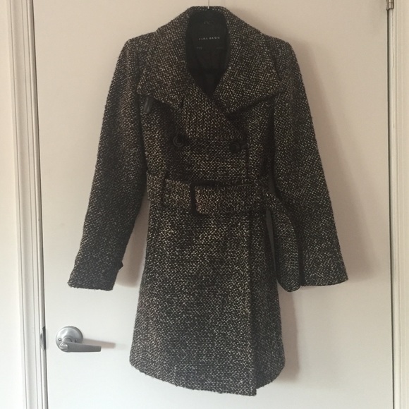 Zara coat, tweed belted. Military button details.