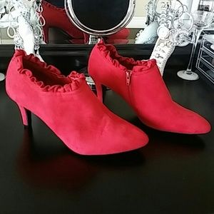 Red suede ruffle ankle boots