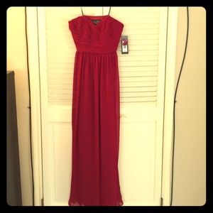 Red strapless floor length gown