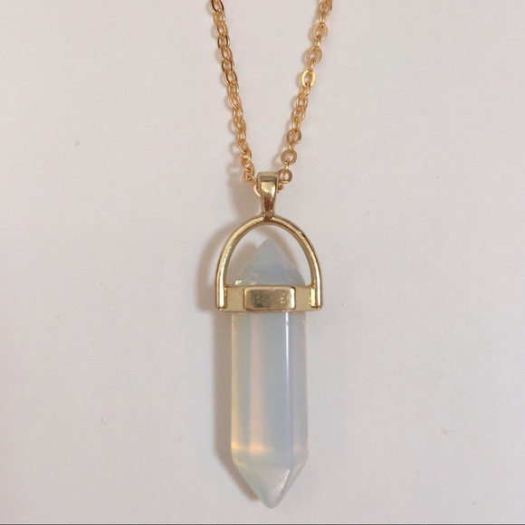 SOLD opal crystal point necklace - gold chain - Picture 2 of 4