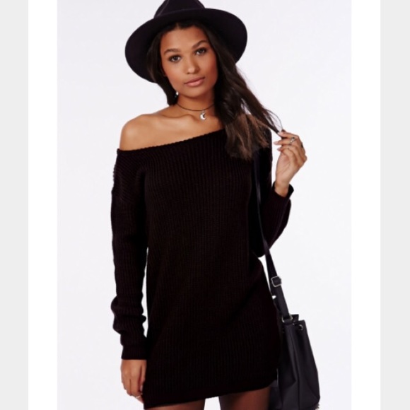 Missguided Sweaters - Ayvan Off Shoulder Knitted Sweater Dress in Black