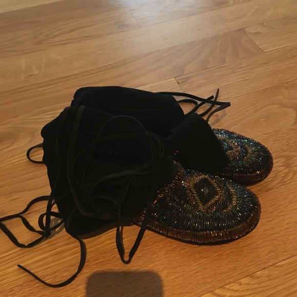 House of Harlow black beaded moccasins