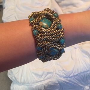 Turquoise and gold beaded bangle