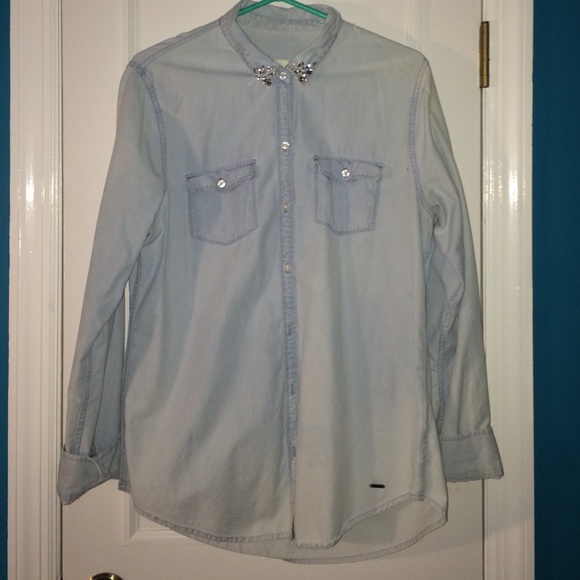 Studded Collar Light Denim Shirt