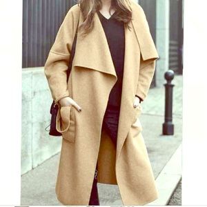 Camel Draped Open-Front Long Trench Coat
