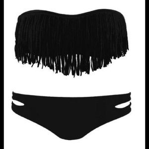 Black fringe bathing suit top and cut out bottom