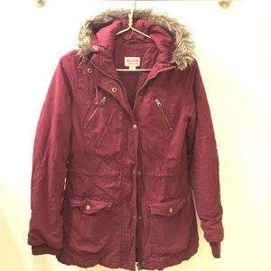 Burgundy winter coat with fur-lined hood