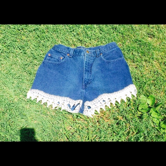 Dark denim and lace high waisted shorts