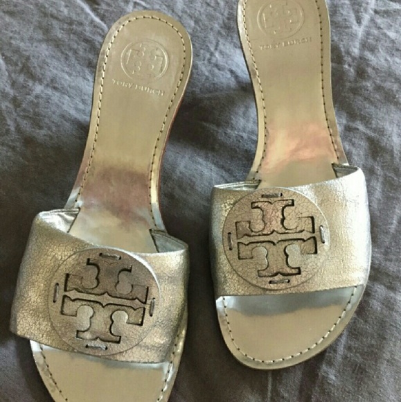 Tory Burch Silver Slides with 3 Inch Heels