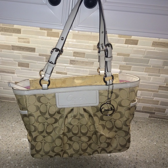 Cream Coach purse w white leather accents like new