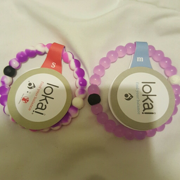 2 lokai bracelets purple & white, purple