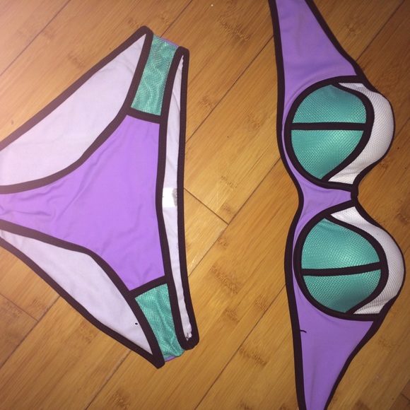 Purple , white , and teal triangl bikini