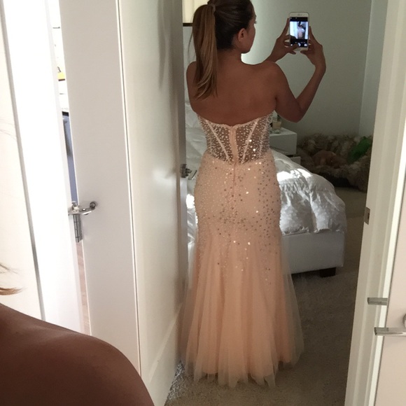 BEBE Coral Mermaid Gown Pearl Beads Silver Sequins - Picture 3 of 4