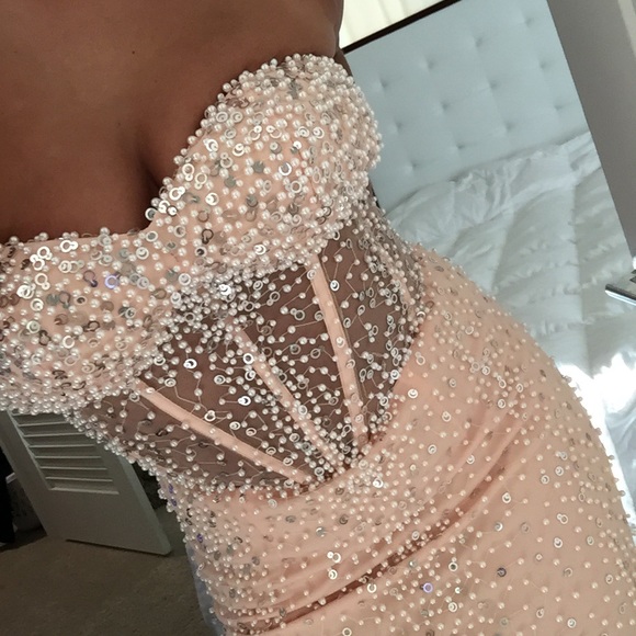 BEBE Coral Mermaid Gown Pearl Beads Silver Sequins - Picture 2 of 4