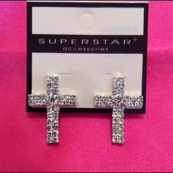 fashion Jewelry - New Silver Cross with Diamond like stone Earrings