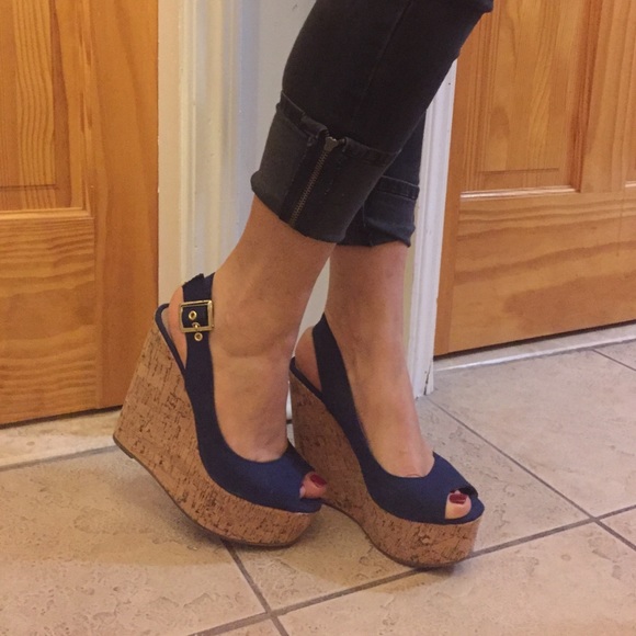 Navy Blue Open Toe Wedges