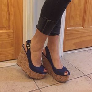 Navy Blue Open Toe Wedges