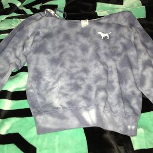 Off shoulder hoodie pink tie die blue and white