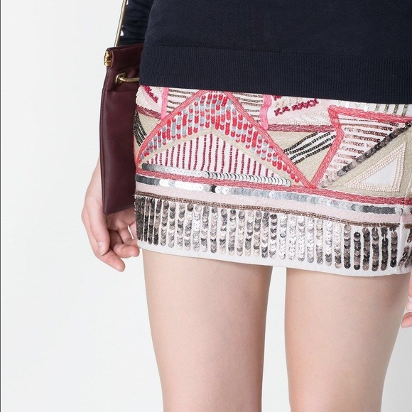 Zara Trafaluc Embroidered Aztec Sequin Mini Skirt