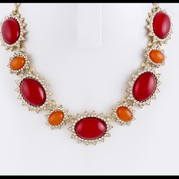 Red and peach retro bib necklace with rhinestones