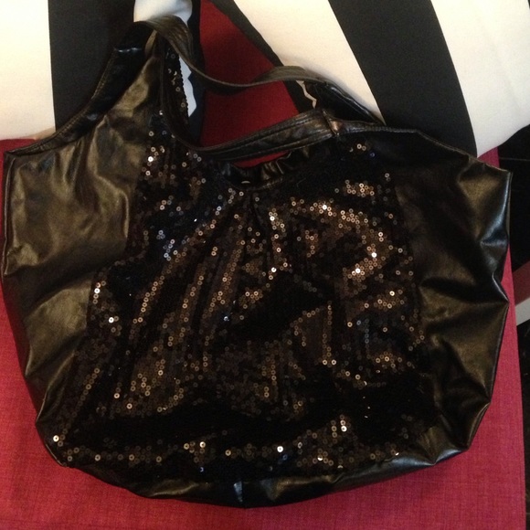 black leather sequin boho tote