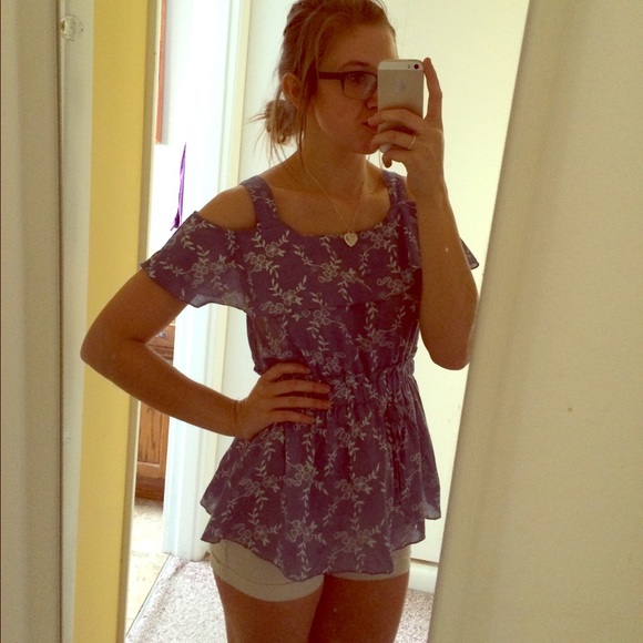 Blue and white floral cutout shirt