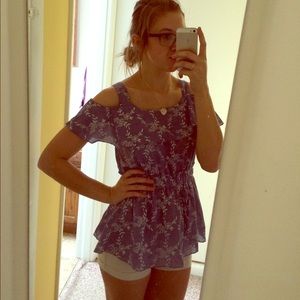 Blue and white floral cutout shirt