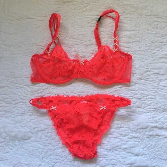 Victoria's Secret Other - Neon Red Lace Bra & Panty Set