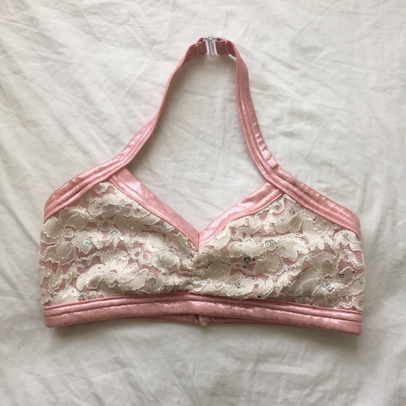 White Sequined Lace Over Shiny Baby Pink Halter