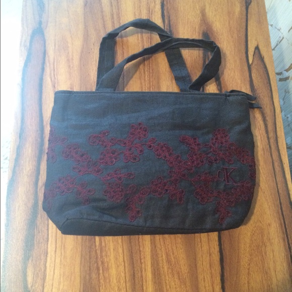 CK Calvin Klein Black Linen Embroidered Purse NWOT