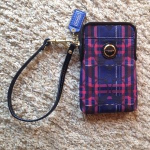 Coach navy poppy tartan wristlet