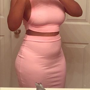 Two piece pink crop top and skirt set