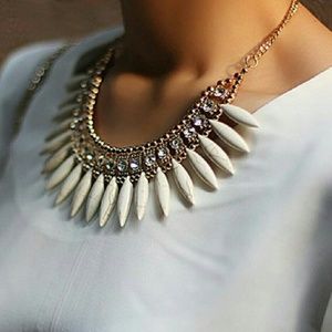 Gold & White Feather Statement Necklace W Crystals