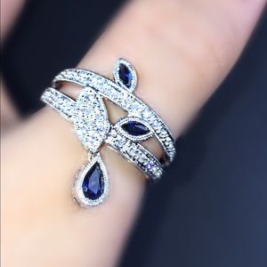 Earring & ring set, 14kt w/g, sapphire & diamonds