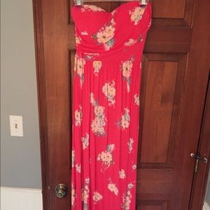 Pink floral floor length dress.