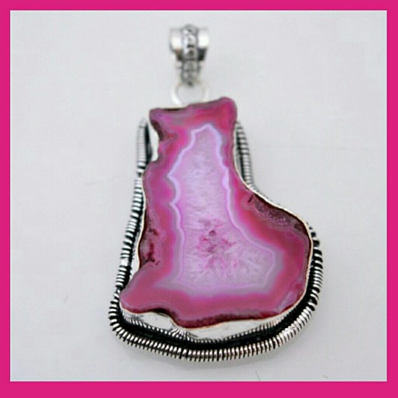 PINK SLICE AGATE DRUZY PENDANT - Picture 2 of 3