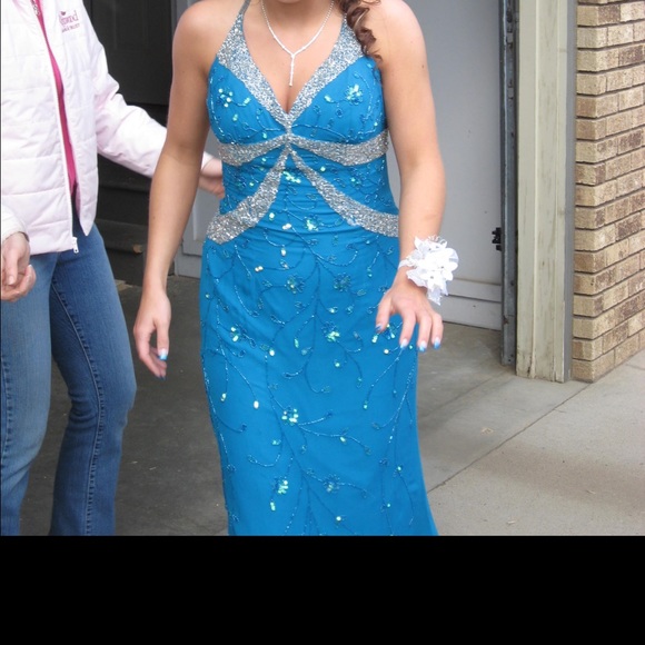 David's Bridal Teal & Silver beaded Prom Dress!