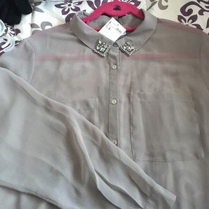 Gray H&M chiffon long sleeve blouse